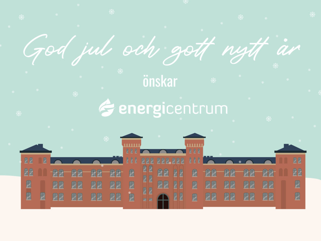 Illustration av Kasernenhuset och texten "God jul och gott nytt år önskar Energicentrum"